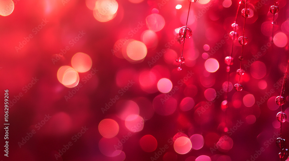 Poster vibrant red background with sparkling droplets and soft bokeh effects for a festive atmosphere