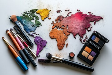 World map illustrated with makeup products and brushes