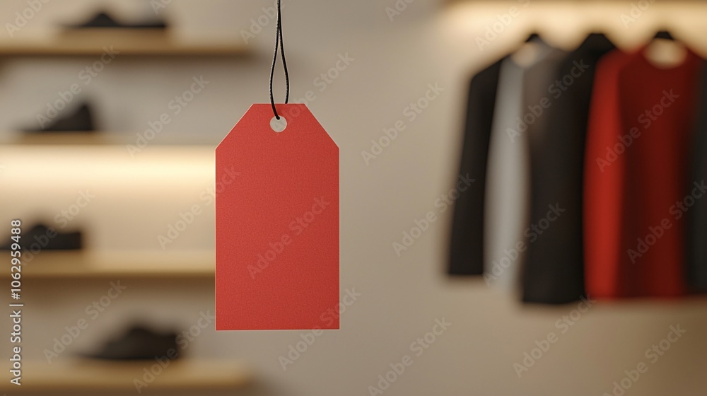 Poster a close-up of a price tag with a red discount label hanging from a product shelf, emphasizing value 