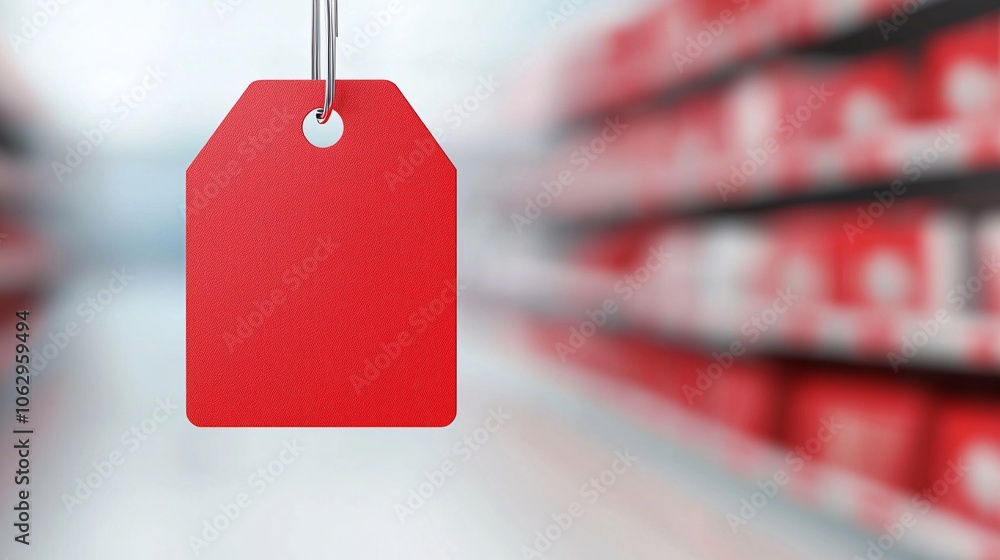 Poster a close-up of a price tag with a red discount label hanging from a product shelf, emphasizing value 