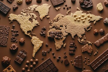 World map illustrated with chocolate and cocoa textures