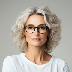 Obraz premium Elegant Mature Woman with Glasses in Studio Portrait