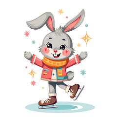 Discover the joy of winter fun with a cheerful bunny on ice skates , digital illustration of character design concept.