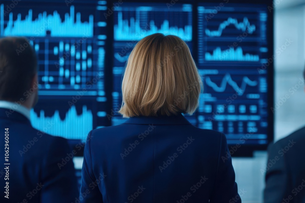 Aufkleber a business professional observes data on screens displaying financial graphs and analytics, focusing