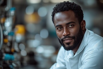 Fototapeta premium Portrait of a chef smiling in a busy kitchen setting with professional attire