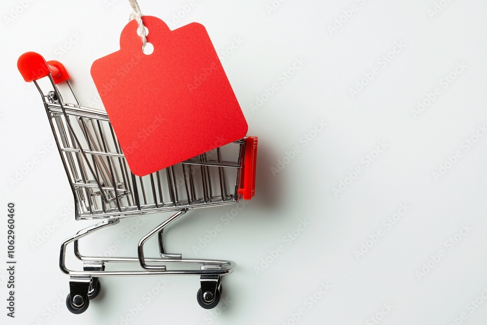 Poster a close-up of a price tag with a red discount label hanging from a product shelf, emphasizing value 