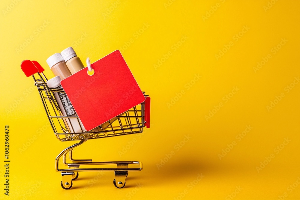Poster a close-up of a price tag with a red discount label hanging from a product shelf, emphasizing value 