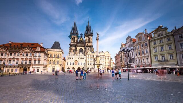 Hyperlapse timelapse through Prague Old Town, Czech Republic, featuring historic streets, Gothic architecture, iconic landmarks and the vibrant atmosphere of the medieval city center