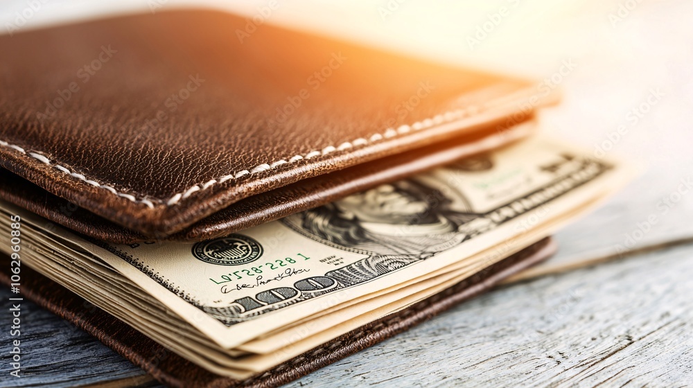 Aufkleber a wallet with cash and discount vouchers arranged on a tabletop, symbolizing cost-conscious spending