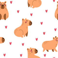 Capybara seamless pattern with hearts