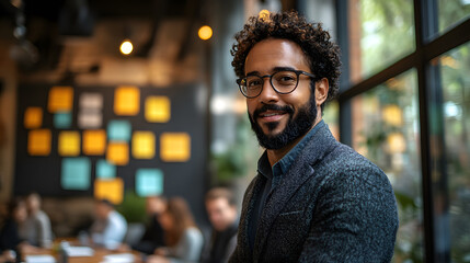 Fototapeta premium A photography capturing a high-energy corporate meeting in a glass-walled boardroom, where one person stands at the head of the table, gesturing passionately and others are engaged in the conversation