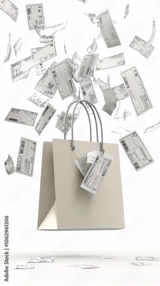 Aufkleber a shopping bag with a sale tag hanging from it, surrounded by receipts, representing value and disco