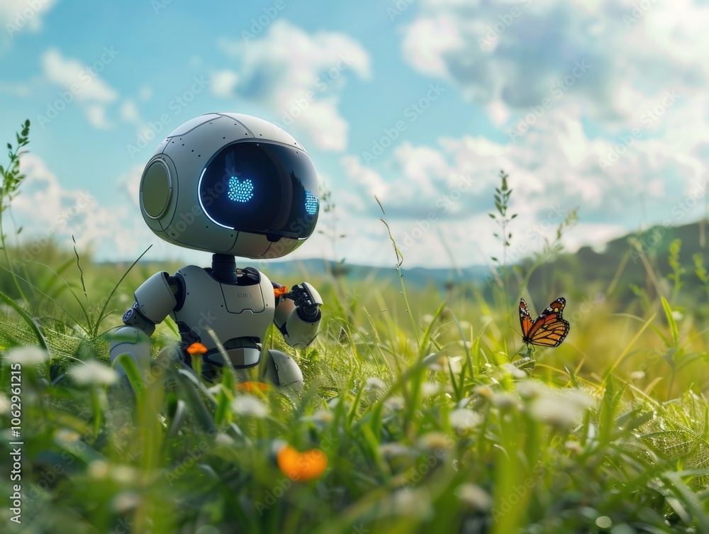 Poster robot is standing in a field with a butterfly. the robot is holding a butterfly in its hand. the sce