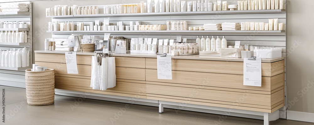 Poster a product display shelf with price tags, one prominently showing a discount, capturing themes of pri
