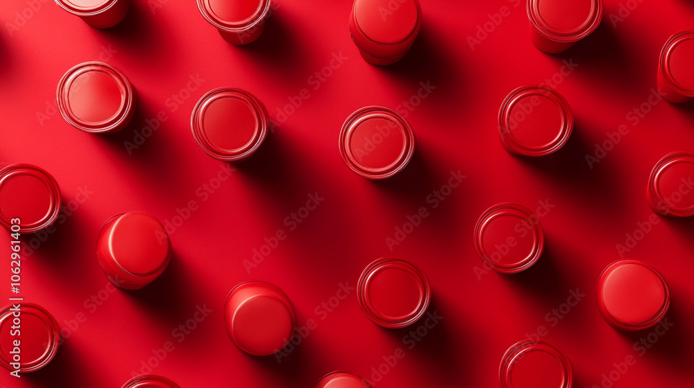 Aufkleber Arranged red containers casting shadows on a red background in a minimalistic layout