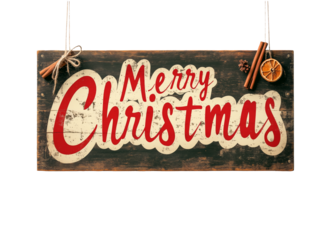 A festive sign displaying Merry Christmas with orange and cinnamon elements, isolated on white background, celebrating the holiday spirit
