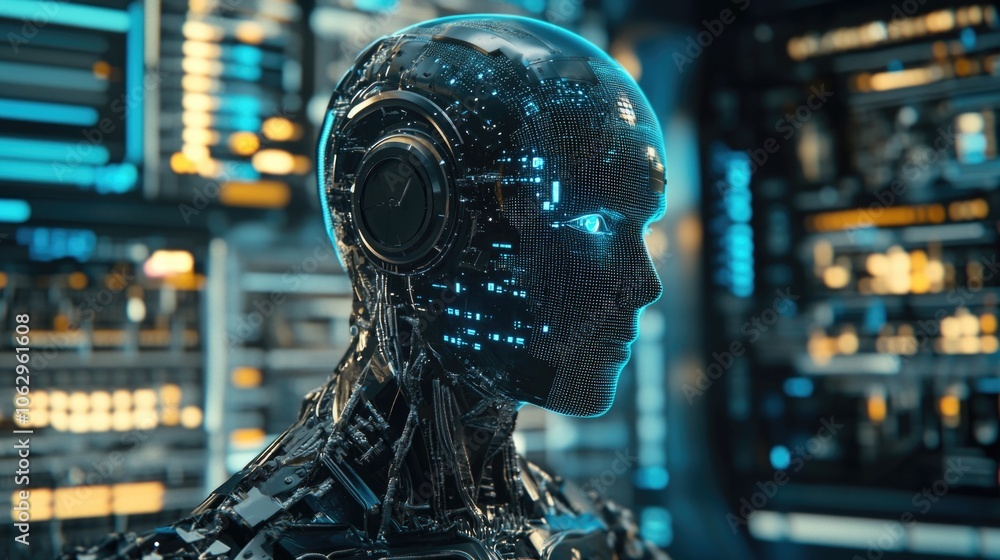 Poster sophisticated humanoid robot with intricate circuitry, standing amidst technological backdrop