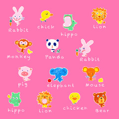 Cute animals drawn by hand in abstract style,