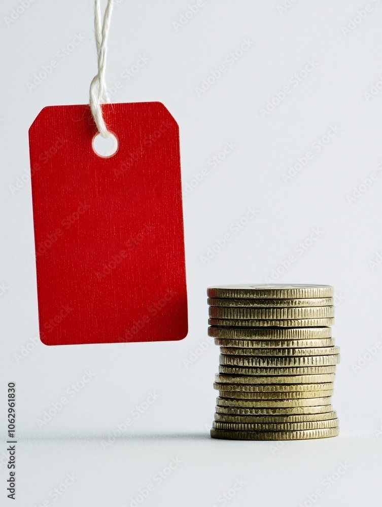 Poster a stack of coins next to a price tag with a discount label, symbolizing cost savings and consumer va