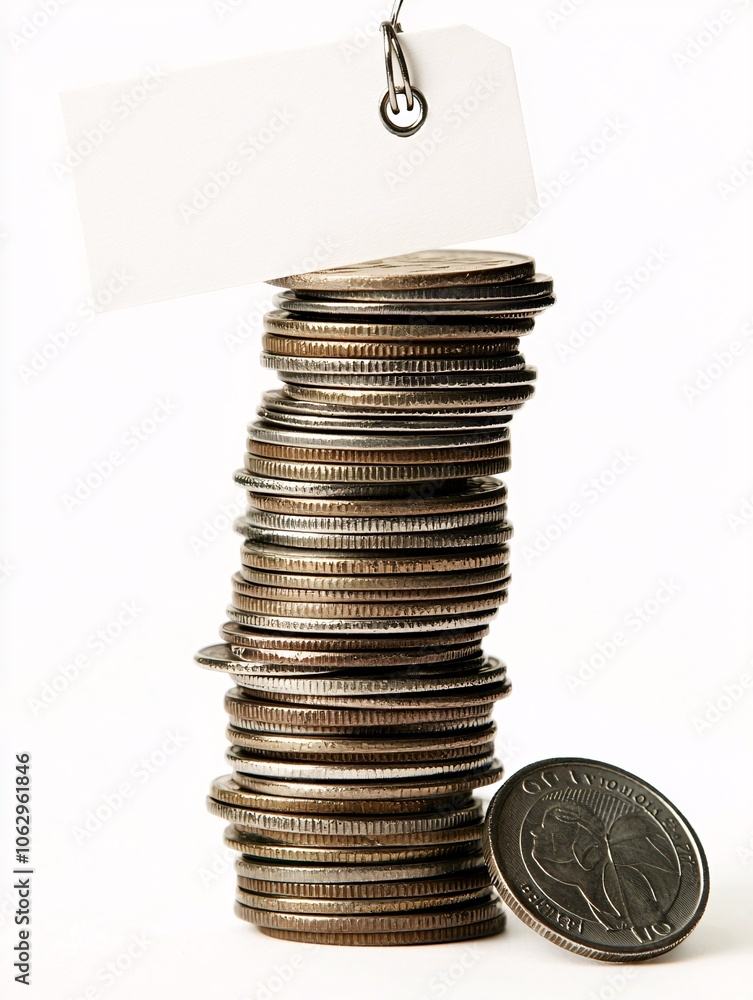 Poster a stack of coins next to a price tag with a discount label, symbolizing cost savings and consumer va