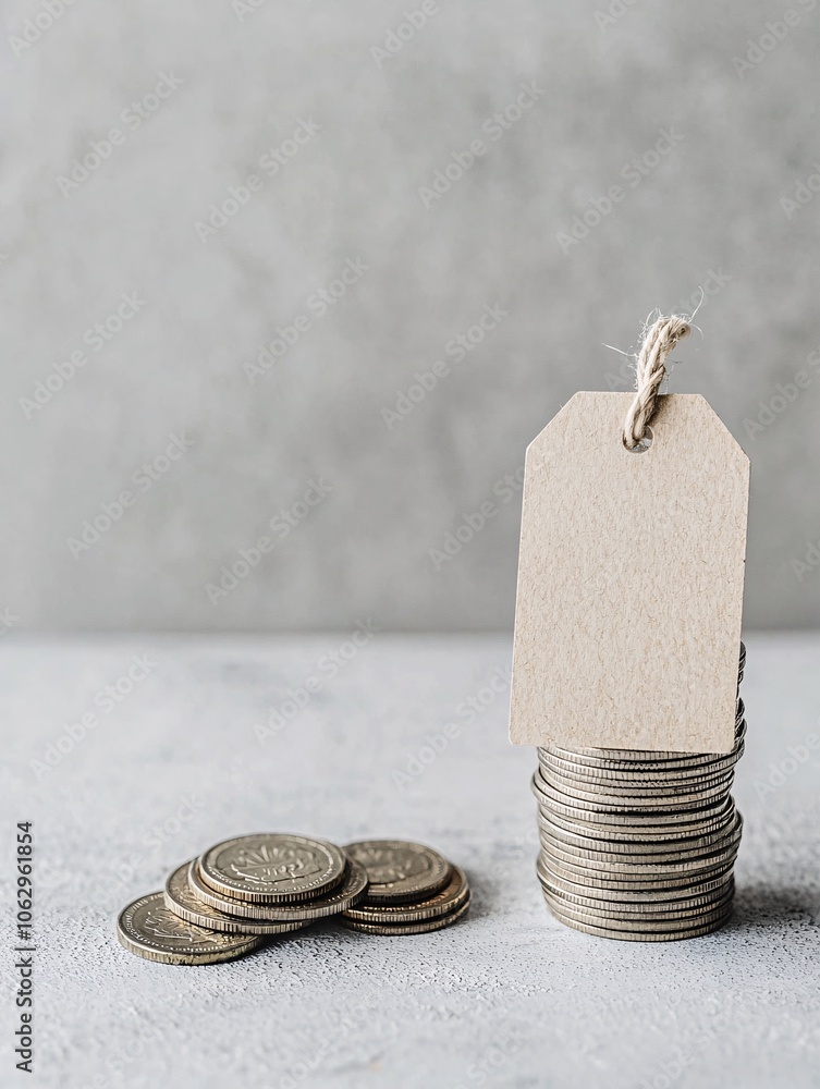 Poster a stack of coins next to a price tag with a discount label, symbolizing cost savings and consumer va