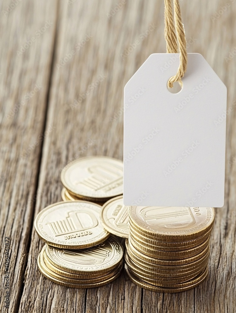 Poster a stack of coins next to a price tag with a discount label, symbolizing cost savings and consumer va
