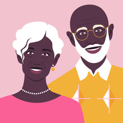 African elderly couple. Grandfather and grandmother are smiling. Portrait of happy old people. Vector flat illustration