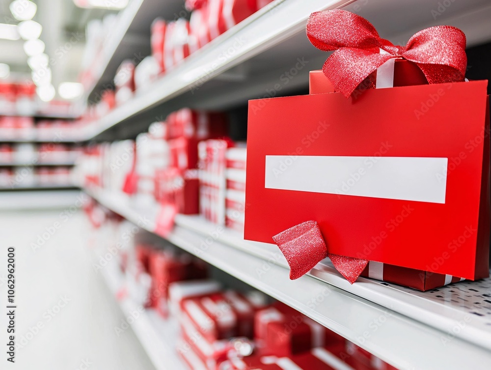 Poster a product display shelf with price tags, one prominently showing a discount, capturing themes of pri