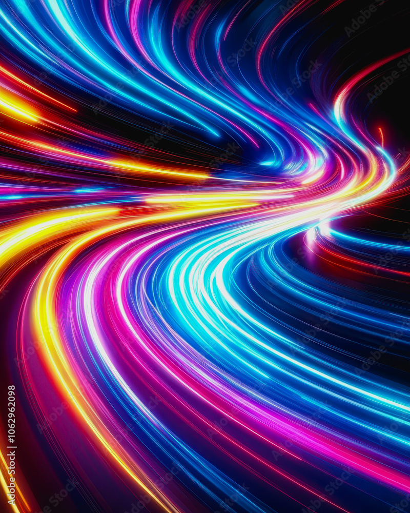 Poster explore a vivid neon digital interface with dynamic light swirls. this futuristic design captures en