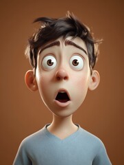 Cartoon boy with brown hair and a blue shirt is looking surprised. The boy's eyes are wide open, and his mouth is open in a shocked expression. Concept of surprise and astonishment