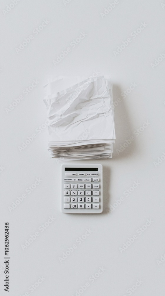 Poster a minimalist scene of a calculator and receipt on a clean surface, representing budgeting and cost a