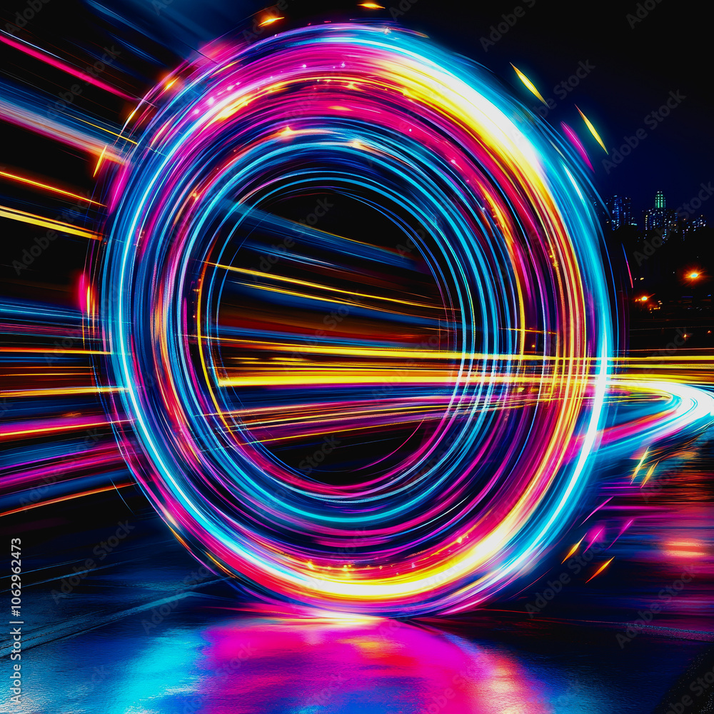 Poster a vibrant and futuristic digital interface design featuring glowing neon circles and dynamic light p
