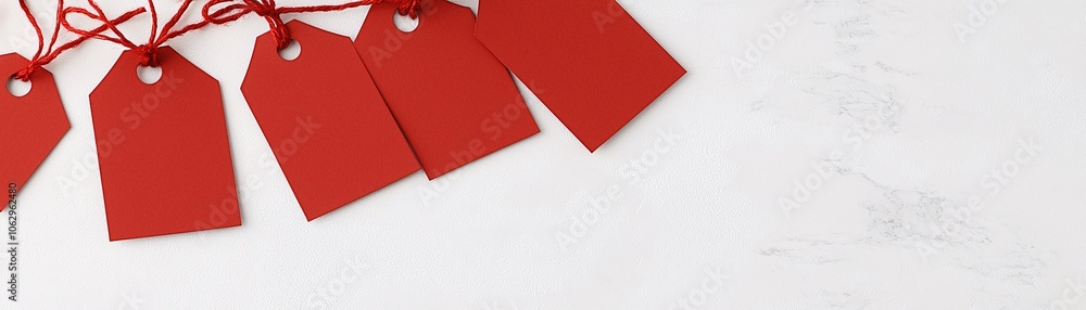 Poster price tags with a large red discount label are arranged on a light background, emphasizing value and
