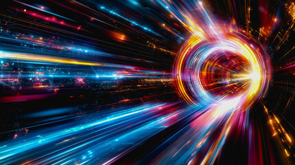 Fototapeta premium Explore a vibrant futuristic digital interface featuring glowing neon colors and dynamic light patterns, perfect for technology-themed projects or creative designs.