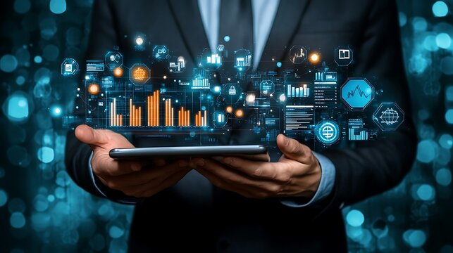An M&A manager reviewing deal proposals and financial reports on a digital interface, with empty space for text