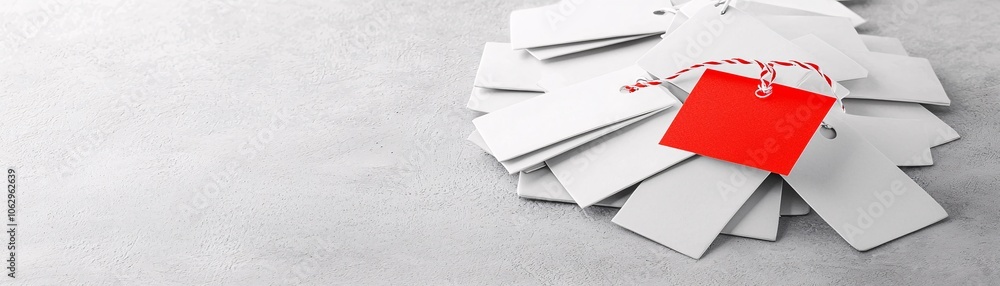 Poster price tags with a large red discount label are arranged on a light background, emphasizing value and