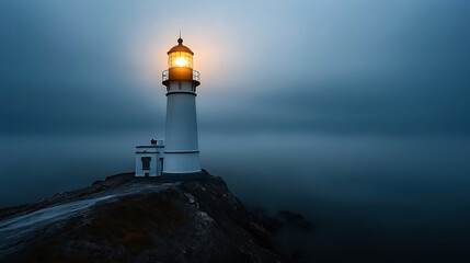 Obraz premium Lighthouse illuminated at night on a rocky shoreline with misty, dark ocean backdrop under a cloudy sky