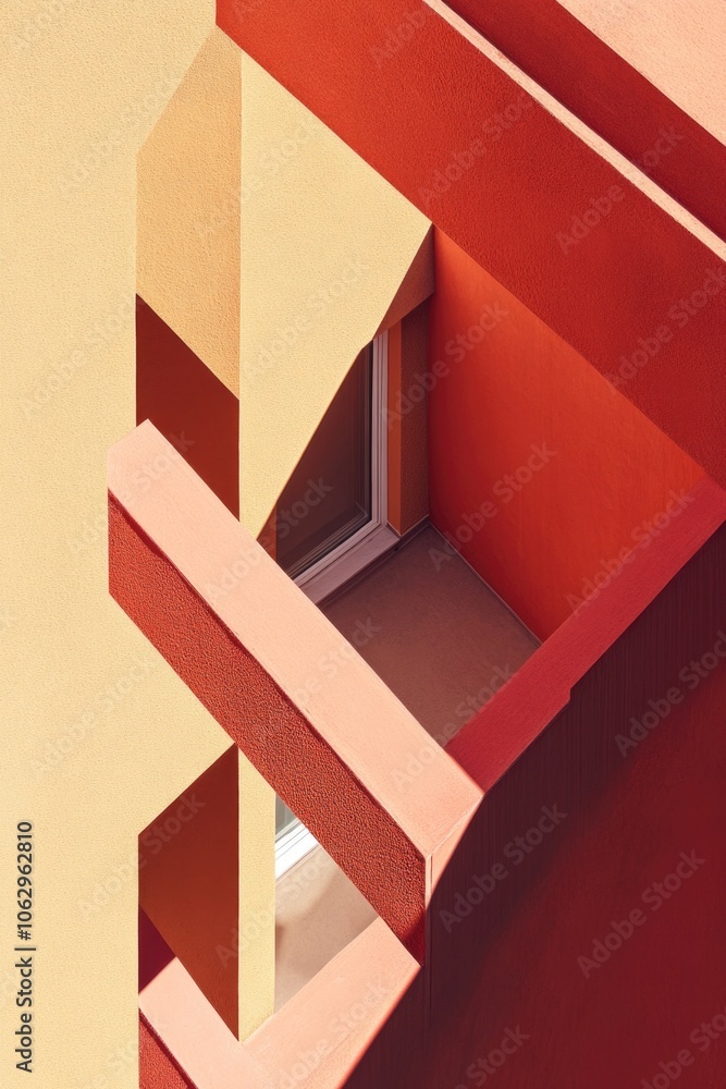 Poster an abstract, minimalist representation of an urban stairway in a red and beige building with large w