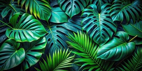 Lush Green Tropical Foliage Silhouette Background with Monstera and Palm Leaves for Organic Wallpaper Design