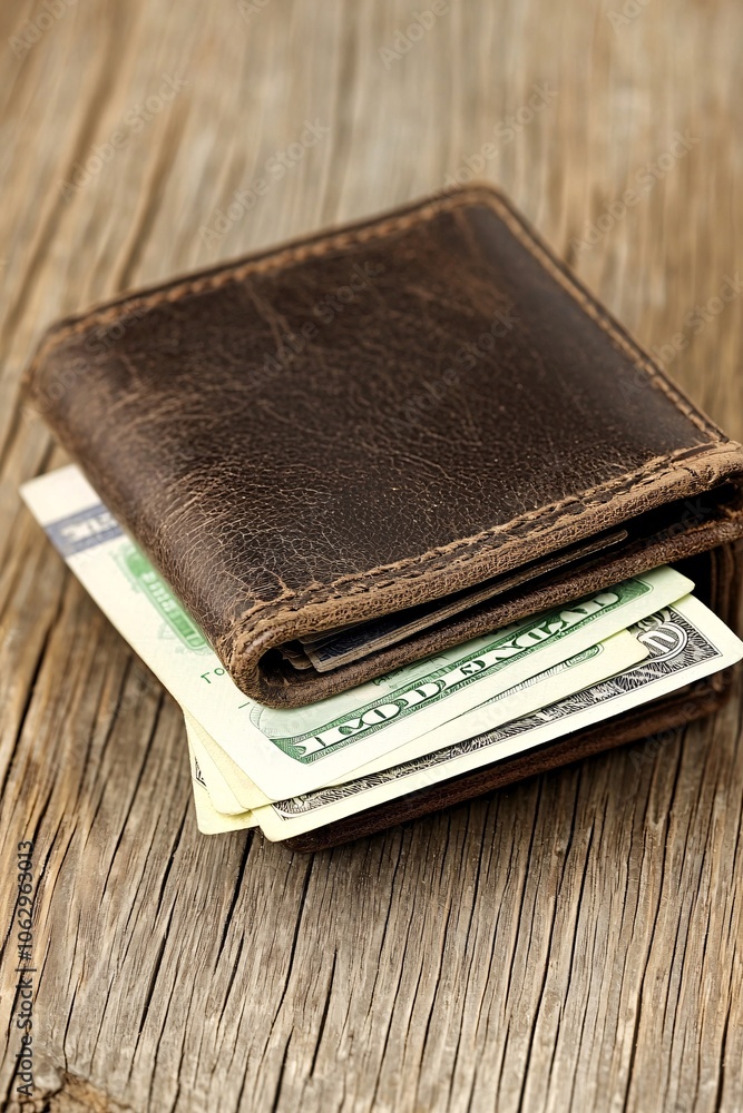Aufkleber a wallet with cash and discount vouchers arranged on a tabletop, symbolizing cost-conscious spending