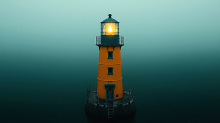 Yellow lighthouse with lit beacon in misty environment on water, surrounded by blue railing and stone base, shot from above