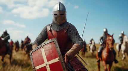 Knight in armor holding shield, riding horse in a historical reenactment setting
