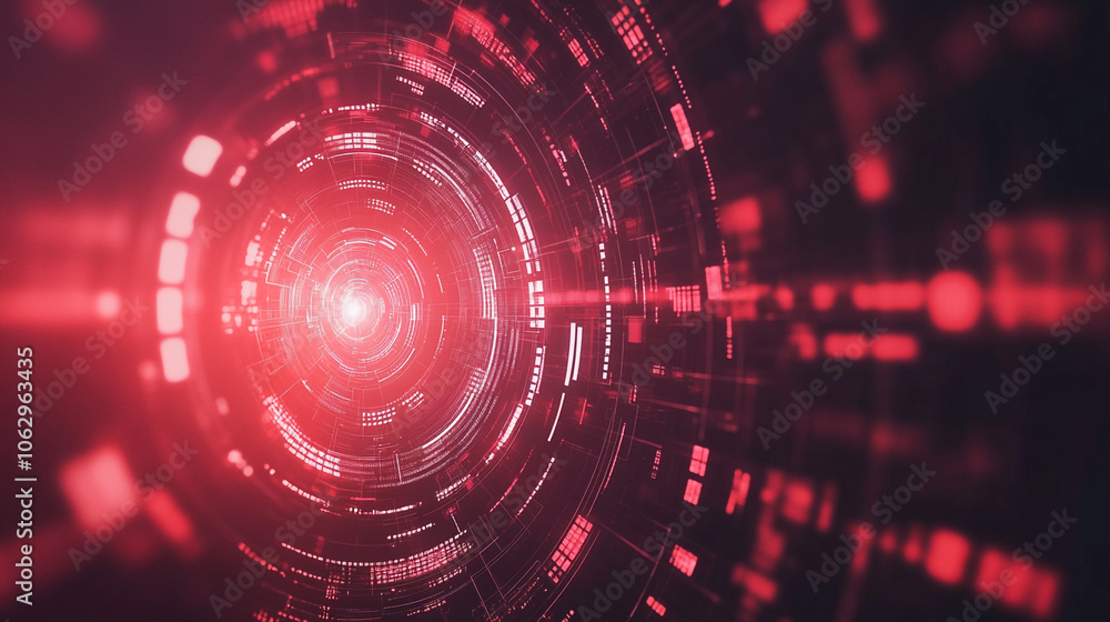 Poster a captivating view into a futuristic digital tunnel displaying vibrant red light patterns