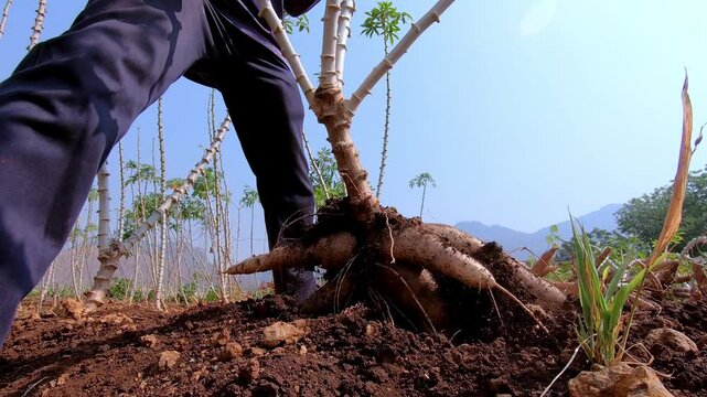 harvesting cassava, cassava dig with farmer pull, plantation cassava