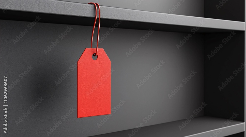 Poster a close-up of a price tag with a red discount label hanging from a product shelf, emphasizing value 