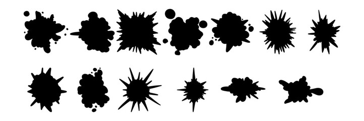 A collection of ten abstract black cartoon explosion and cloud shapes, each outlined with a bold black shadow, isolated on a clean white background.