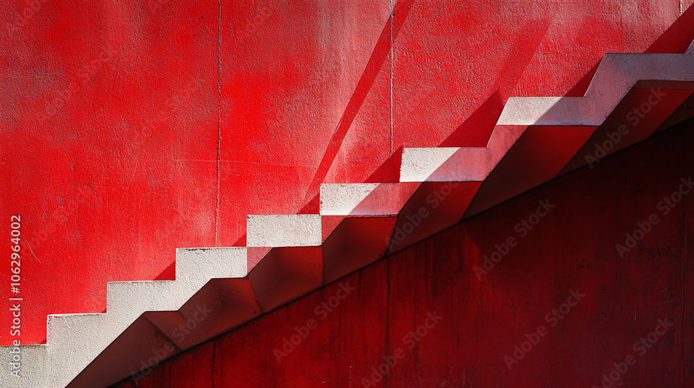 Poster Abstract view of stepped architecture against a vibrant red wall in a modern urban setting