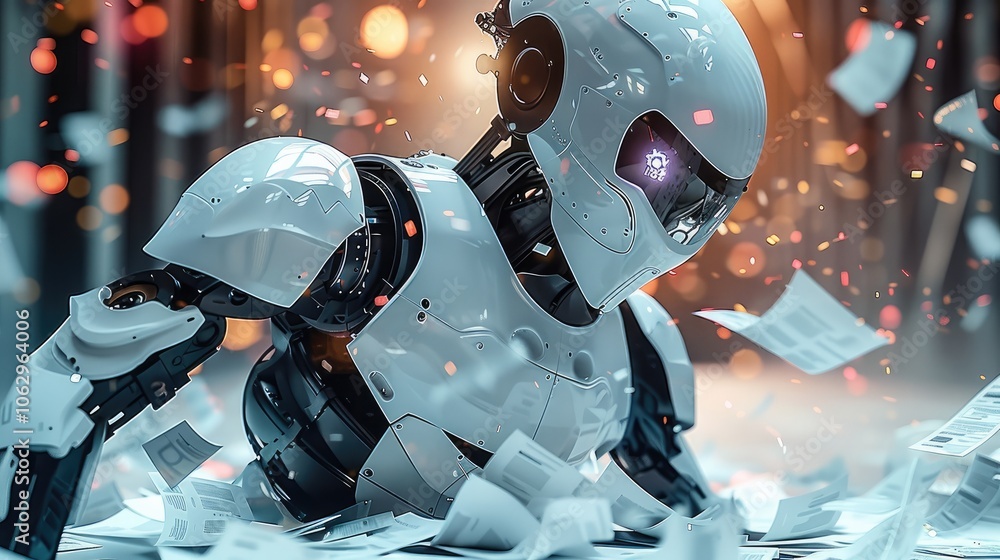 Aufkleber A futuristic, minimalistic AI robot with a sleek design, spitting out endless streams of fake papers.