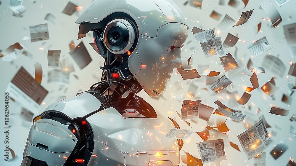 Aufkleber a futuristic, minimalistic ai robot with a sleek design, spitting out endless streams of fake papers