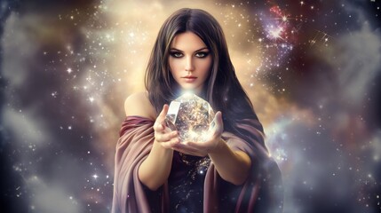 Naklejka premium Mystical woman holding a glowing crystal in a cosmic, star-filled background, conveying a sense of magic and power in a dreamlike style.